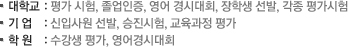 ㆍ대학교 : 평가시험,졸업인증,영어경시대회,작학생 선발,각종 평가시험 ㆍ기업 : 신입사원 선발,승진시험,교육과정 평가 ㆍ학원 : 수강생 평가,영어경시대회
