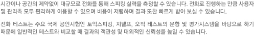 시간이나 공간의 제약없이 대규모로 전화를 통해 스피킹 실력을 측정할 수 있습니다. 전화로 진행하는 만큼 사용자 및 관리측 모두 편리하게 이용할 수 있으며 비용이 저렴하며 결과 또한 빠르게 받아 보실 수 있습니다.